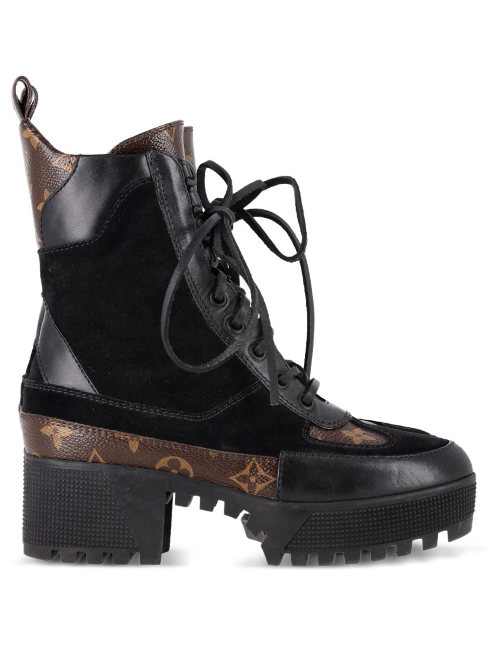 Louis Vuitton Black Suede & Monogram Lace-Up Platform Boot